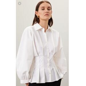 NATORI White Peplum Hem Voluminous Sleeves Techno Polplin Blouse Top Size 4